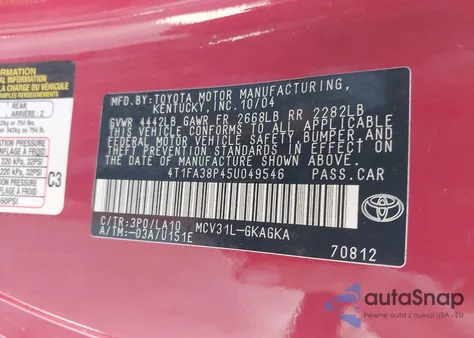 2005 Toyota Camry Solara Se/Sle z USA, uszkodzony, nr VIN 4T1FA38P45U049546